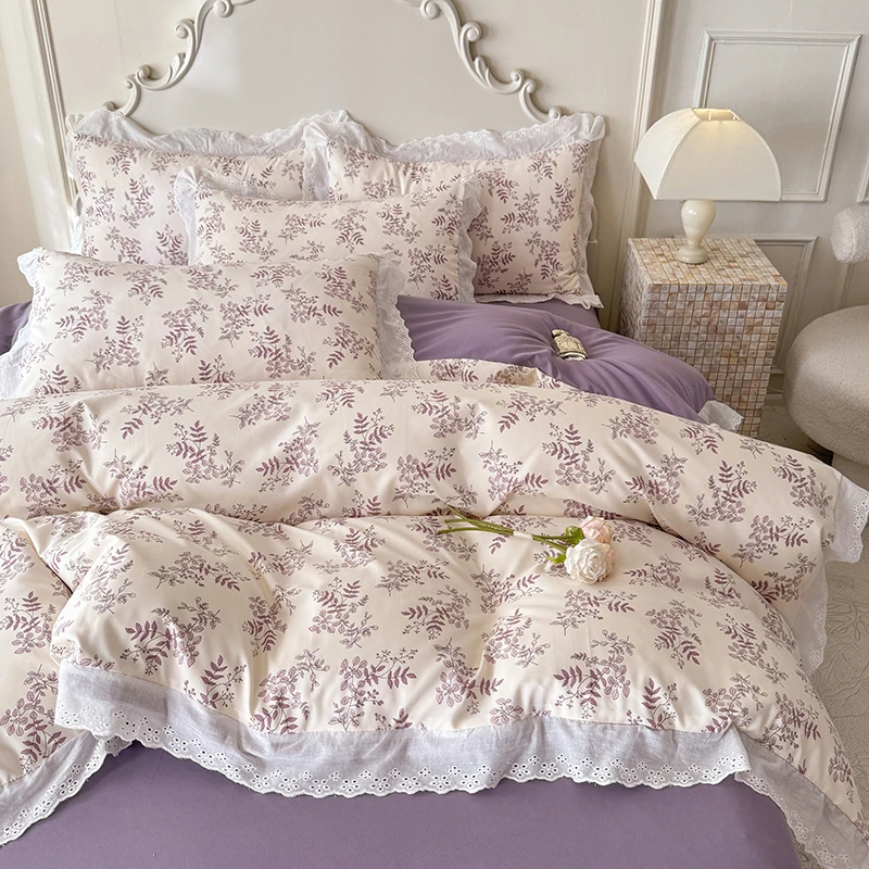 春夏爆款韩版复古小清新花边针织棉双层纱四件套A类母婴级