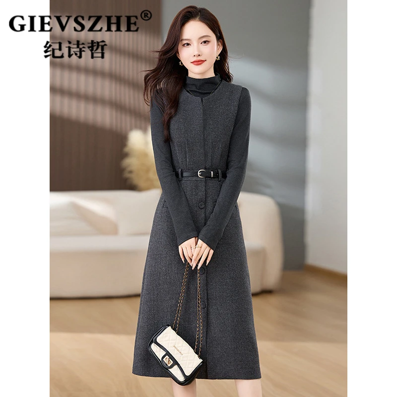 纪诗哲气质连衣裙2025秋季新款半高领打底衫+修身圆领背心裙套装