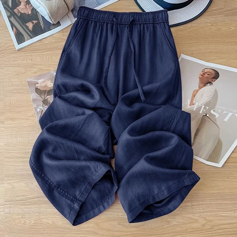 藏青色亚麻阔腿裤女夏季薄款2025新款麻料九分垂感苎麻棉麻直筒裤
