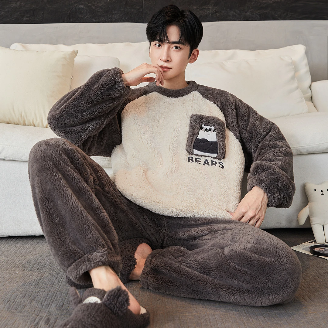 珊瑚绒秋冬天卡通睡衣男款2025新款长毛绒加厚加绒保暖家居服套装