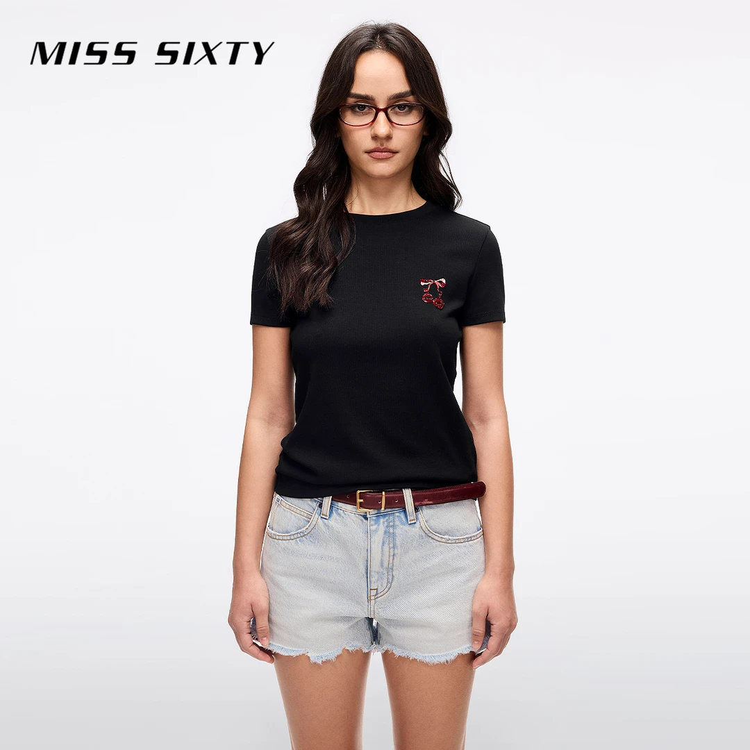 Miss Sixty2025夏季新款短袖T恤女圆领钉珠樱桃唇印弹力修身上衣