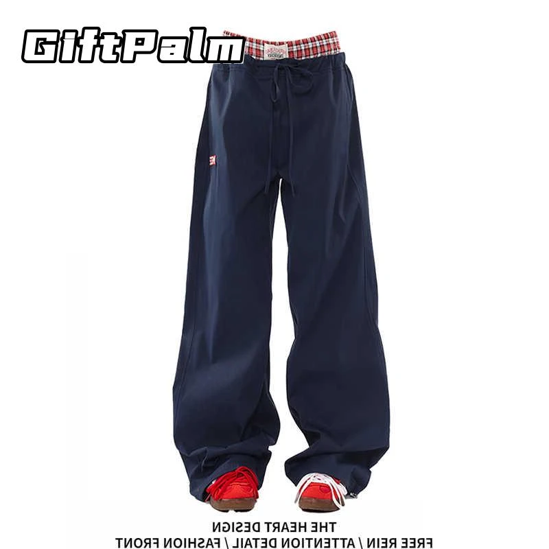 GiftPalm美式复古格子拼接假两件休闲裤女设计感双腰头裤子运动裤