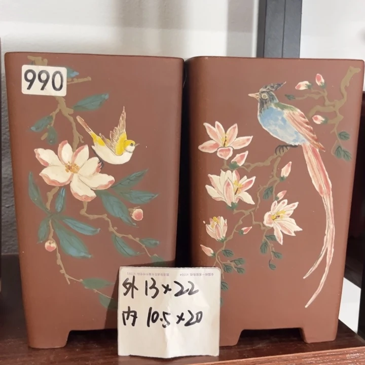 紫砂花盆 微瑕紫泥彩绘四方签筒1组990