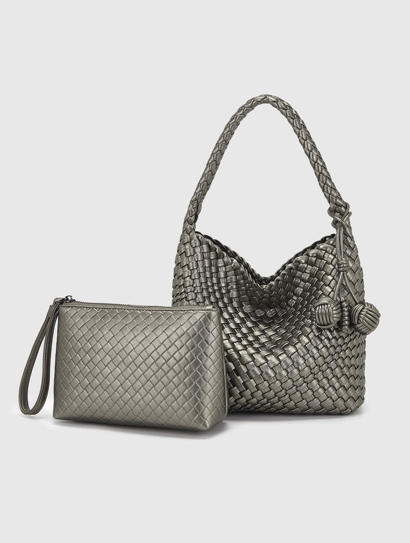 2025新款手工编织菜篮子女士轻奢包都市简约单肩包B1972金属灰