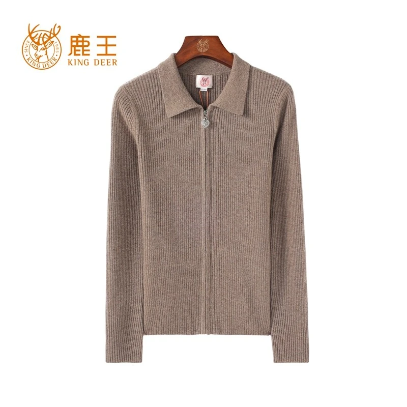 【商场同款】鹿王24新款女T恤领100山羊绒抽条开衫 厚 912412731