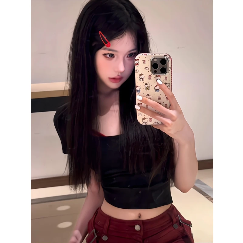 夏季纯欲风辣妹性感短袖T恤上衣牛仔工装超短裤紧身直筒提臀热裤