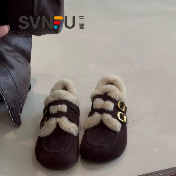 三福毛毛勃肯鞋女加绒保暖棉鞋女2025新款冬季复古乐福鞋豆豆鞋