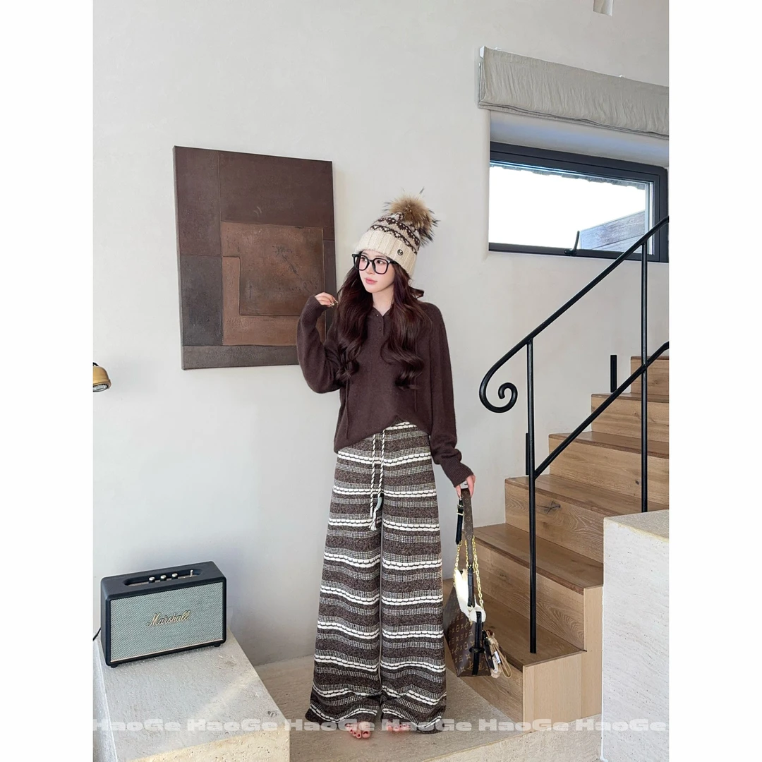 浩哥严选●条纹休闲裤预HGD5XXK5217A复古宽松秋冬慵懒风百搭时尚