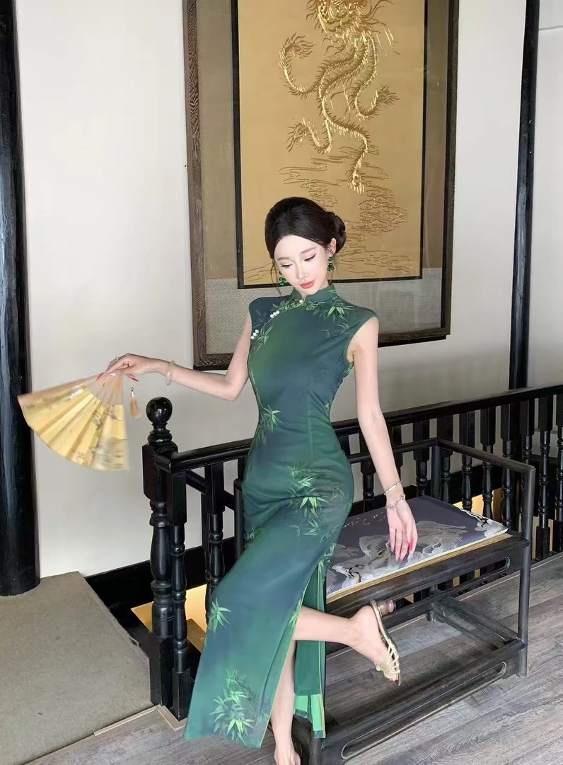 风华《雨林竹》新中式改良绿色无袖旗袍夏季中国风日常优雅气质