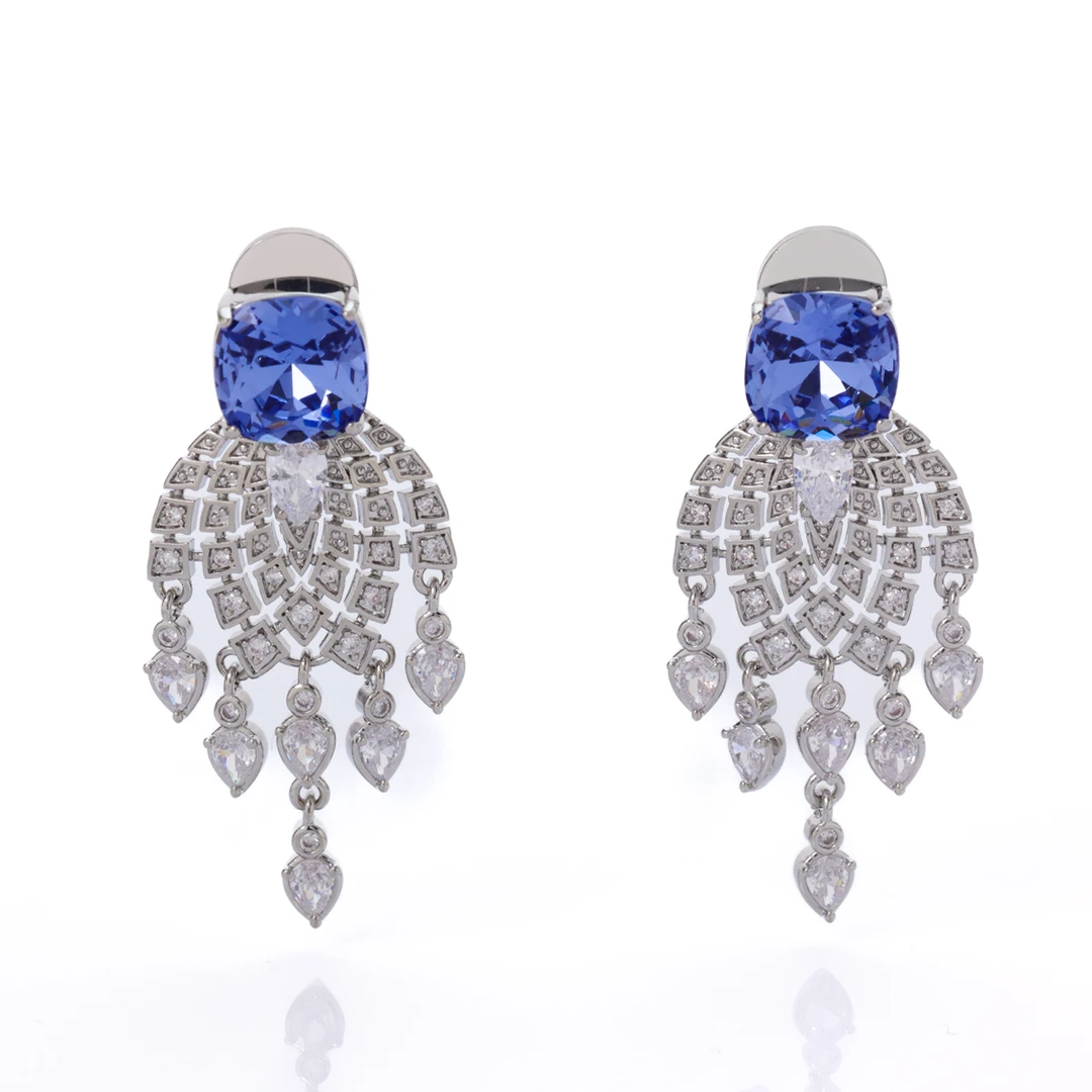 【璀璨星光】蓝色气质镶嵌耳环长款显瘦宴会耳坠耳饰8028