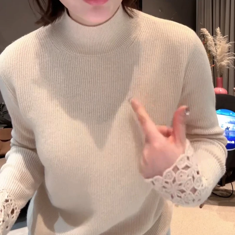 冬季2025韩版新款设计感百搭半高领拼接袖口勾花针织衫LK2501149