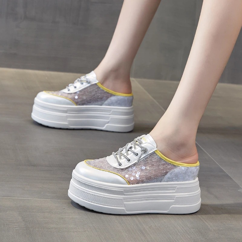 【9公分】透气网面包头拖鞋女2025夏季新款厚底小个子时尚休闲鞋