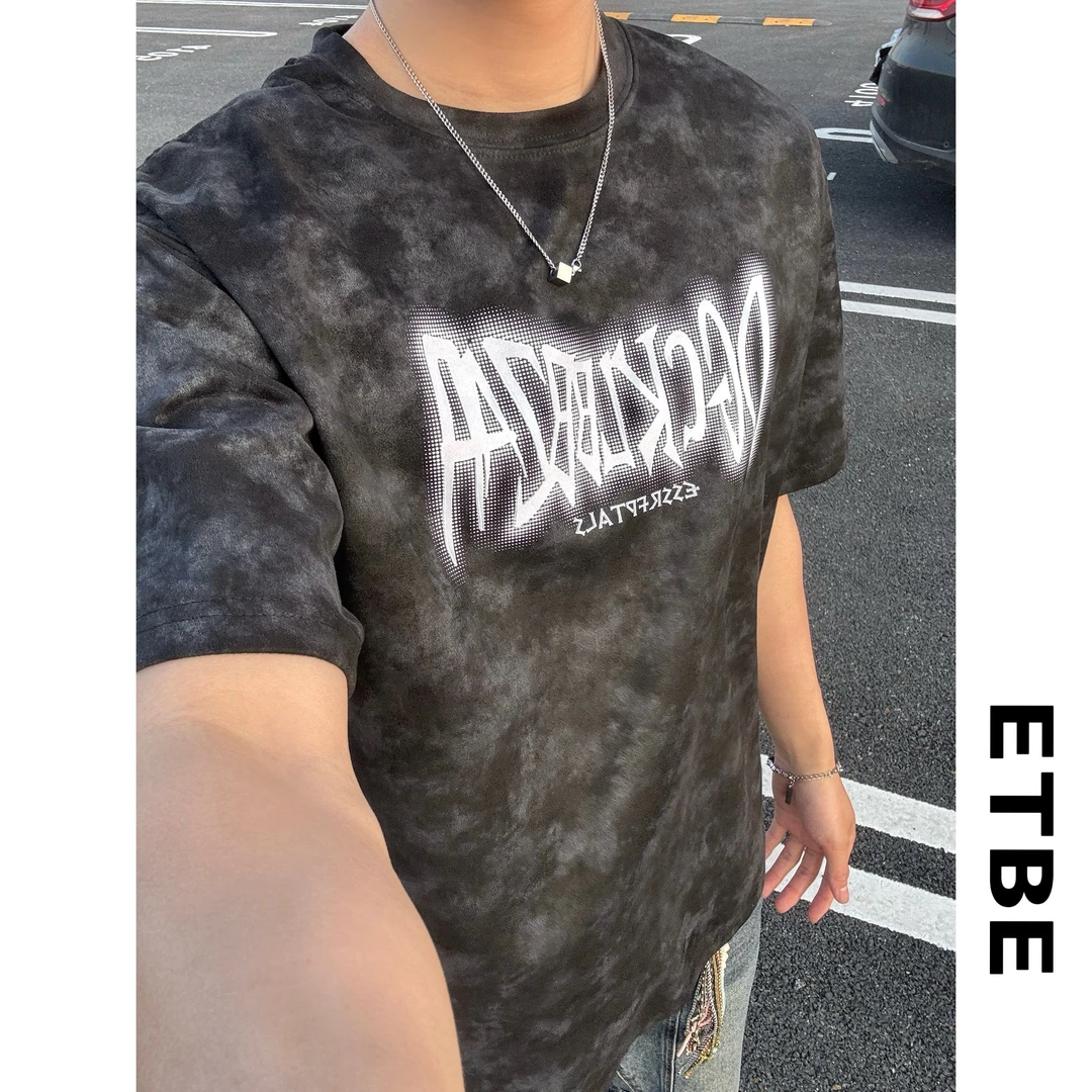 扎染短袖常规款做旧高街设计感T恤水洗夏季圆领印花休闲美式宽松
