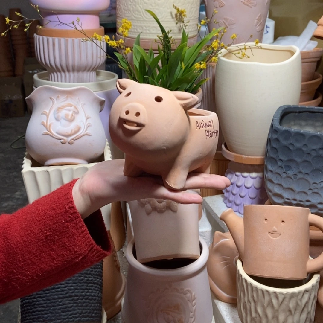17×10手工小猪花盆 粗陶1个