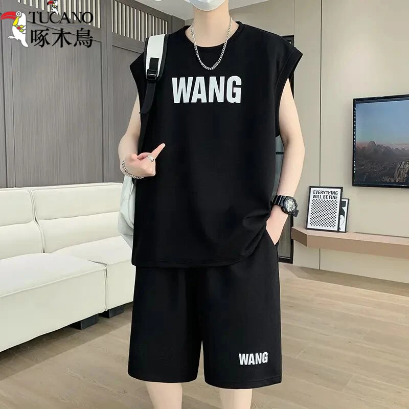 无袖T恤套装男夏季速干冰丝凉感夏天青少年运动休闲背心短
