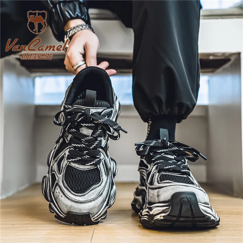 西域骆驼老爹鞋男潮牌高级感青年网面休闲厚底增高运动潮鞋潮流