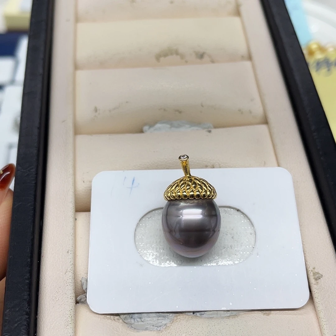 颈饰海水珍珠银S925镶嵌香芋紫色松果吊坠13.2mm