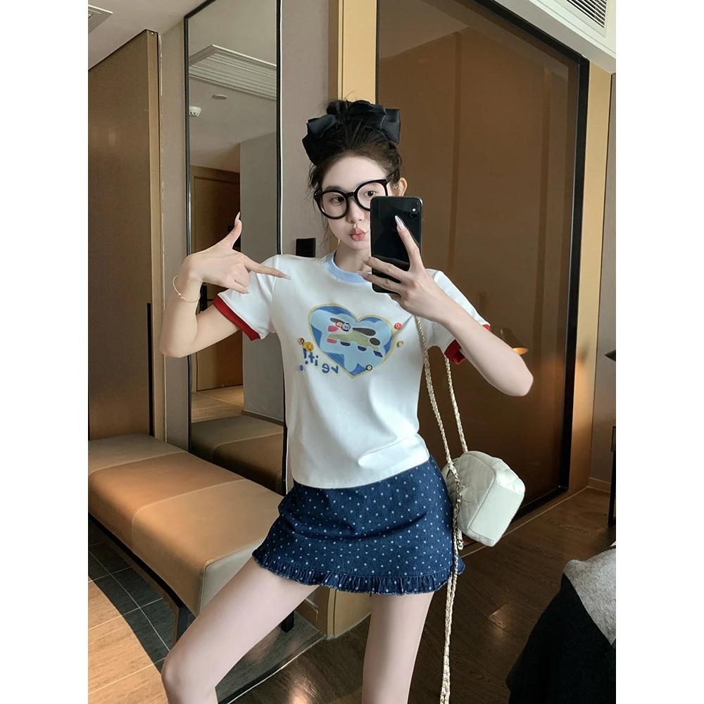 SUMENGQING韩版卡通小恐龙印花短袖T恤女夏季高级感撞色圆领上衣