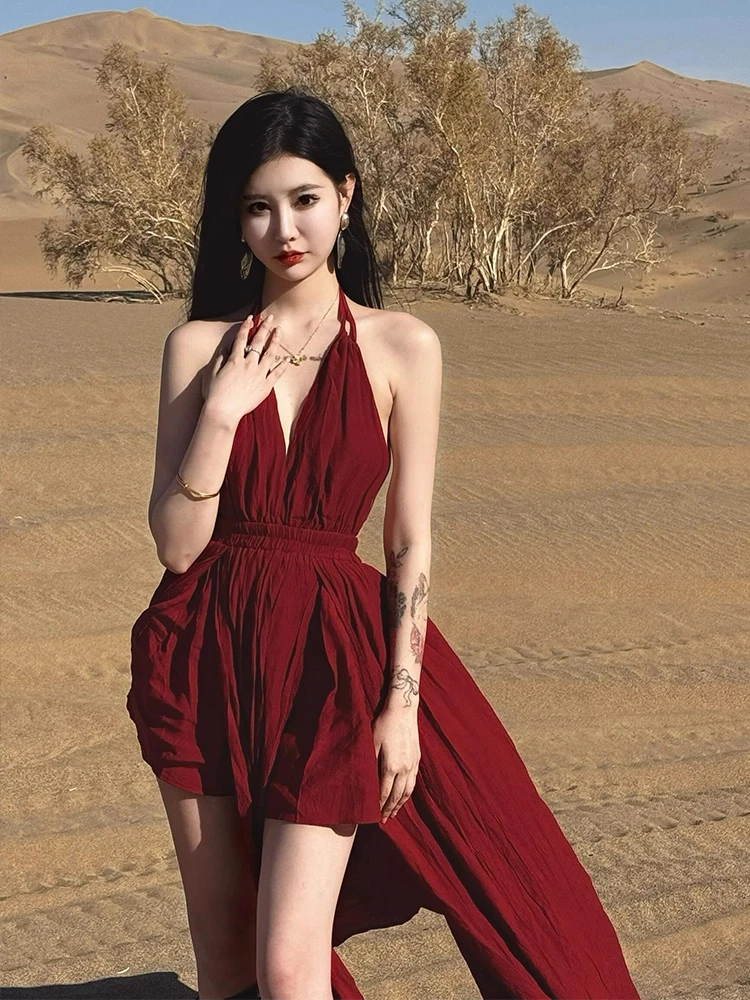 大西北新疆旅游连衣裙长裙青海茶卡盐湖西藏海边沙漠草原度假红裙