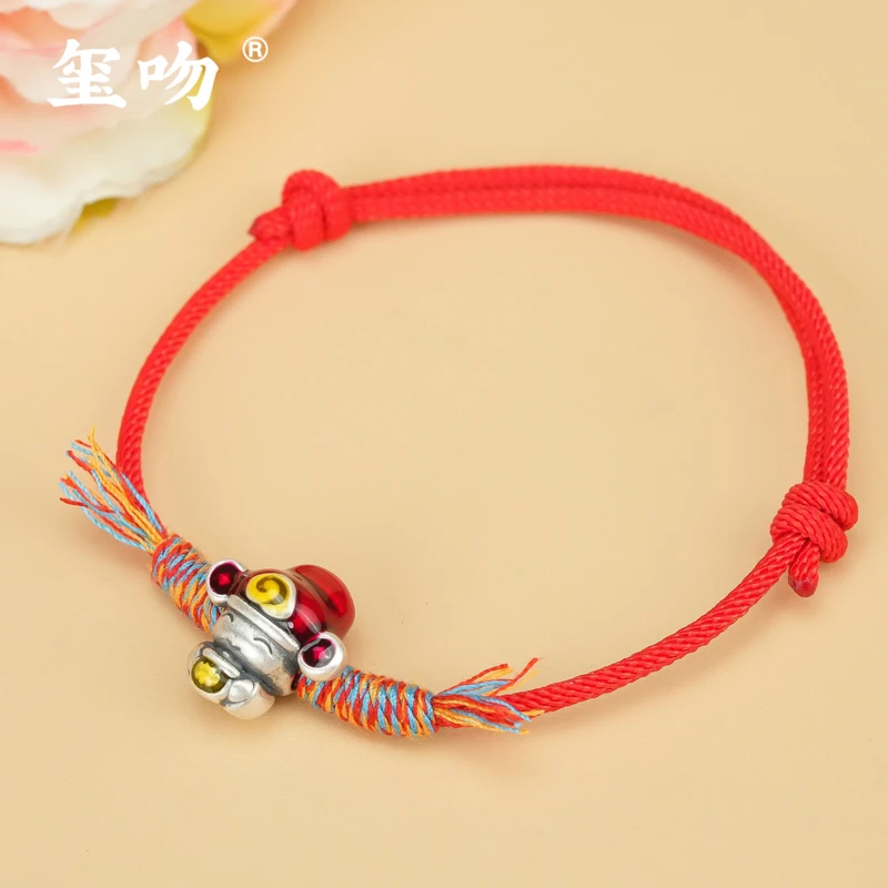 925银手链 【玺吻】s925银 招财进宝 国风景泰蓝财神手链好运红手绳