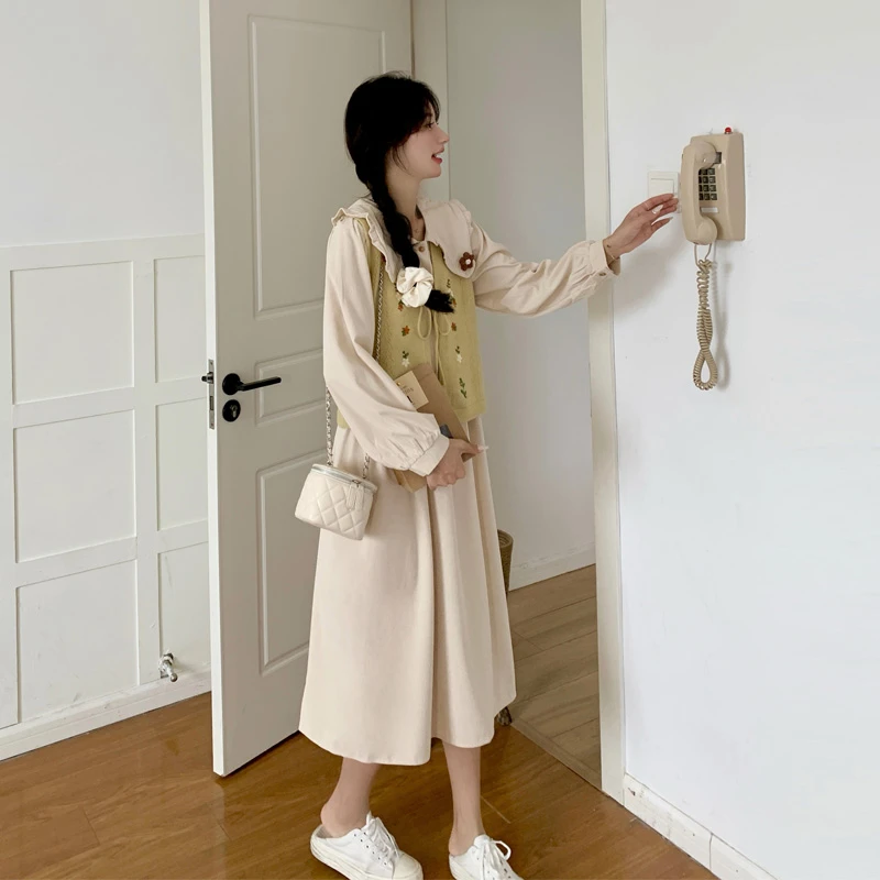 文艺范连衣裙套装女2025春秋新款森系氛围感针织马甲初恋裙两件套