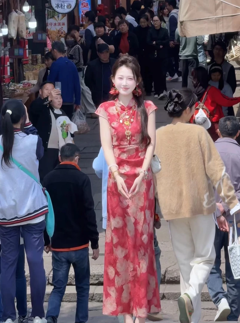 【婷婷】《缘起•红色旗袍》白到发光斜丝鱼尾旗袍 TTH2SX211