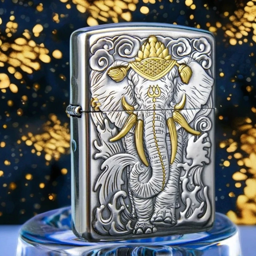 zippo正品打火机六牙神象双面镀银鎏金盔甲立体浮雕送礼-DYJ1