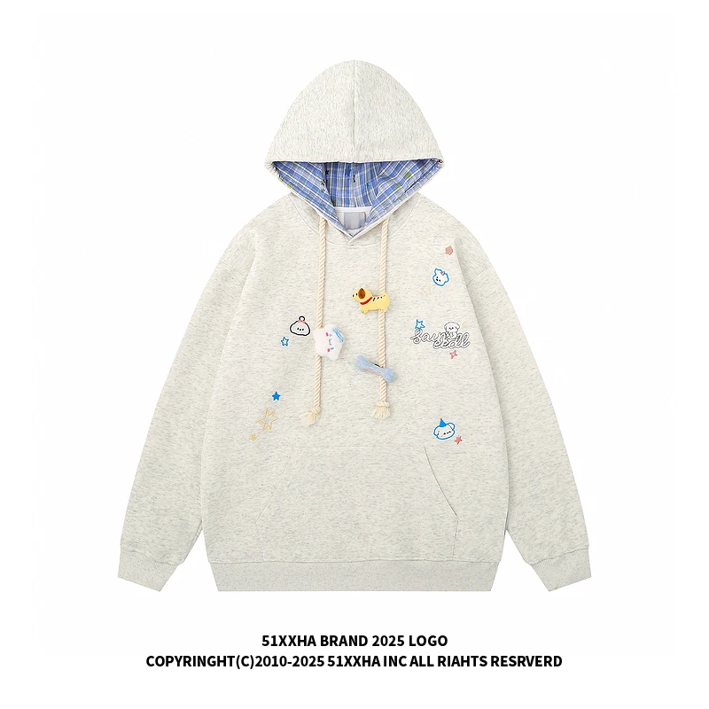 51嘻哈美式卡通小狗刺绣连帽卫衣男女秋季宽松慵懒风情侣帽衫外套