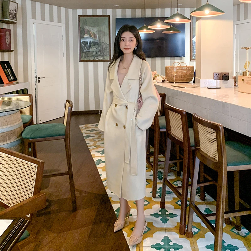 时尚新款系扣双面中长款女士英伦风宽松含10%山羊绒高级质感大气