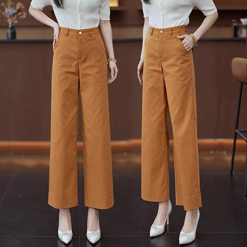 天丝阔腿裤女2025夏季新款高腰薄款冰丝九分裤休闲西装橙色裤子