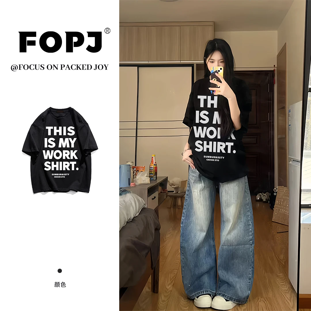 FOPJ潮牌美式高街重磅硬挺纯棉短袖t恤女夏季新款宽松休闲上衣ins