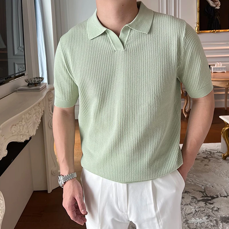 夏季镂空薄款翻领短袖T恤男针织POLO衫高级感休闲纹理透气马球衫
