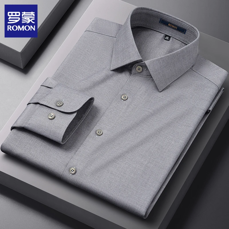 罗蒙男士高级感男装衬衫春秋气质舒适高档时尚绵羊毛长袖休闲衬衣