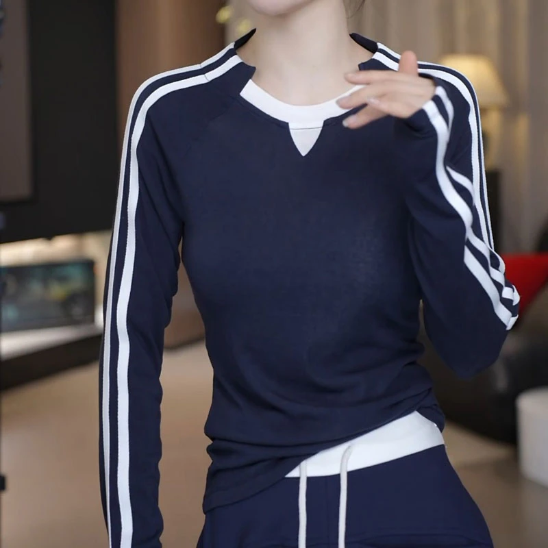 复古风假两件条纹撞色长袖t恤女士2025秋季新款时尚洋气百搭上衣