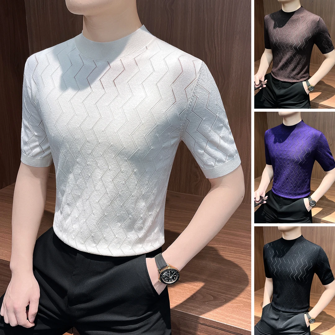 半高领短袖t恤男款爆款2025新款潮牌男装针织条纹纯色男士打底衫