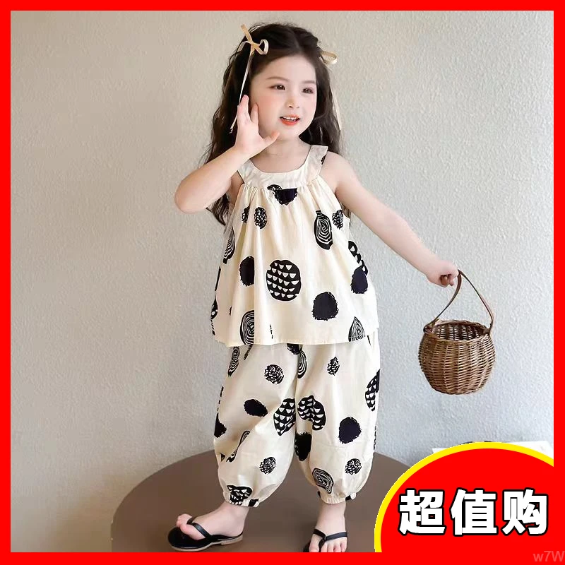 洋气挂脖小女孩时髦女宝宝女童防蚊裤夏季新款套装休闲两件套儿童