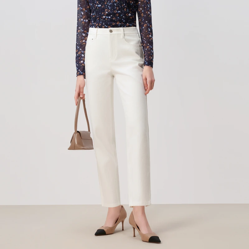 敦奴25春夏新品舒适法式休闲四面弹中高腰直筒锥形牛仔裤FU110125