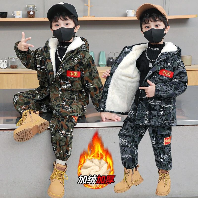 男童冬装加绒加厚套装中大童套装儿童服装特种兵童装