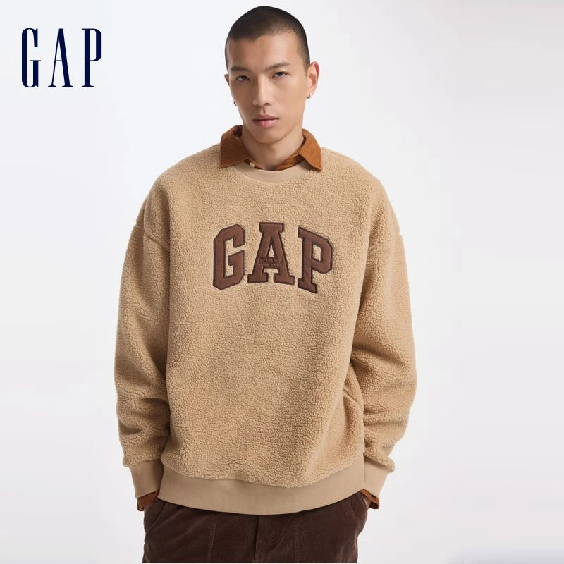 Gap男女潮流春季新款仿羊羔绒贴布绣抓绒卫衣套头上衣 DR 609065