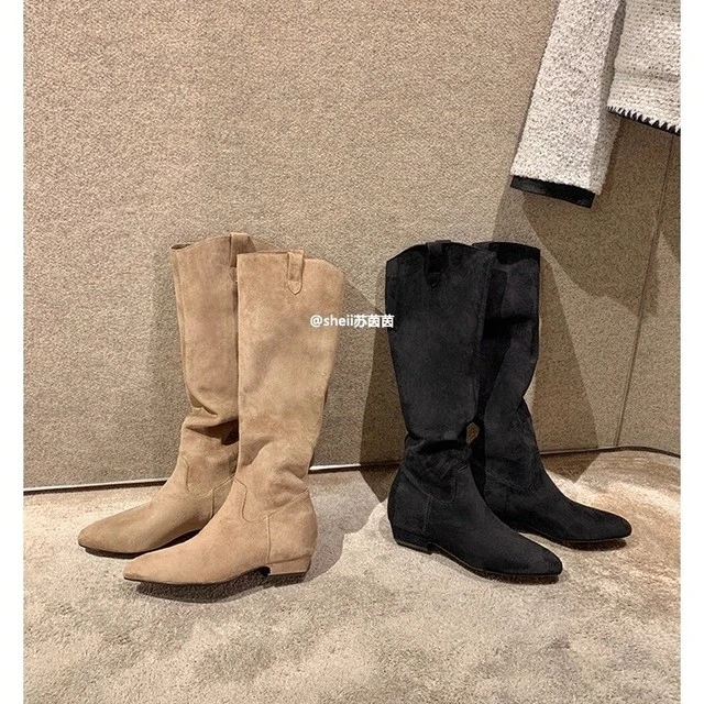 葡萄妈同款 涩谷靴V口尖头绒面内增高粗跟高筒骑士靴女西部堆堆靴