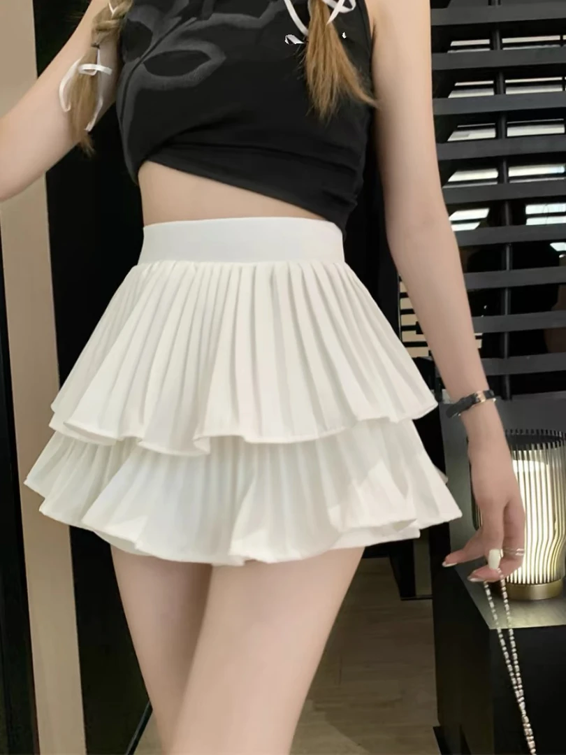 白色蓬蓬蛋糕短裙女小个子高腰显瘦a字百褶半身裙