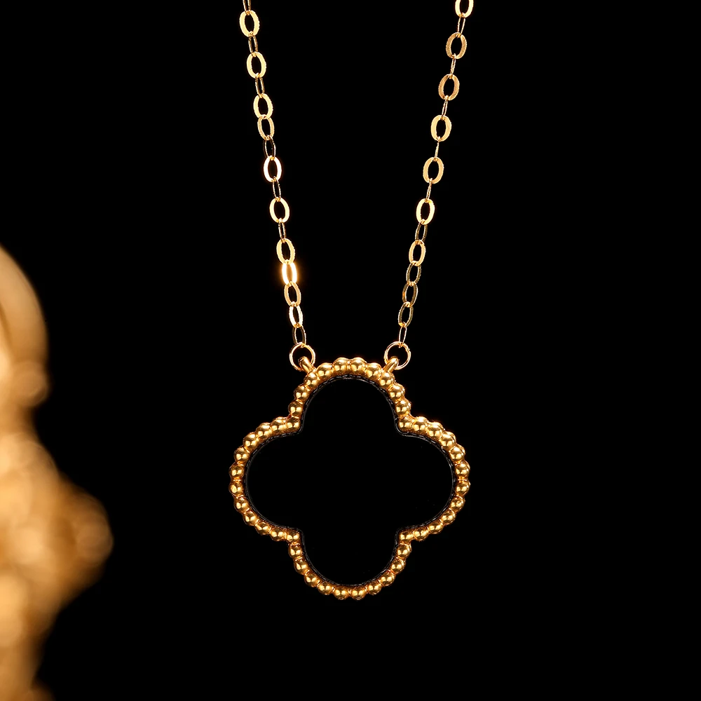 【柴柴专属】18k金镶15mm套链黑玛瑙四叶 轻奢气质百搭时尚经典黑