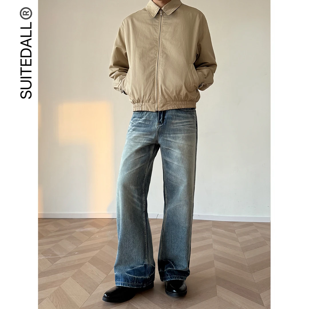 SUITEDALL竹节纹A字直筒蓝牛13盎司超柔赛络纺宽松百搭水洗牛仔裤