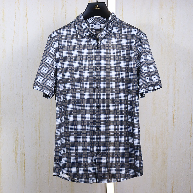 鸟家的 男装剪标尾货 中年男士夏季纯棉丝光棉短袖衬衣印花1147