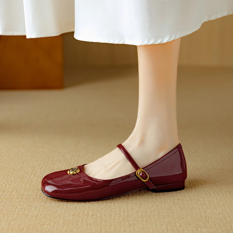 春秋季漆皮法式酒红色玛丽珍鞋女圆头平底鞋女软底舒适浅口单鞋女