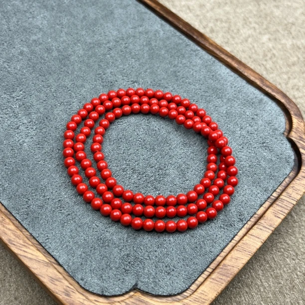 含辰砂工艺品高含量朱砂三圈手串卡4mm
