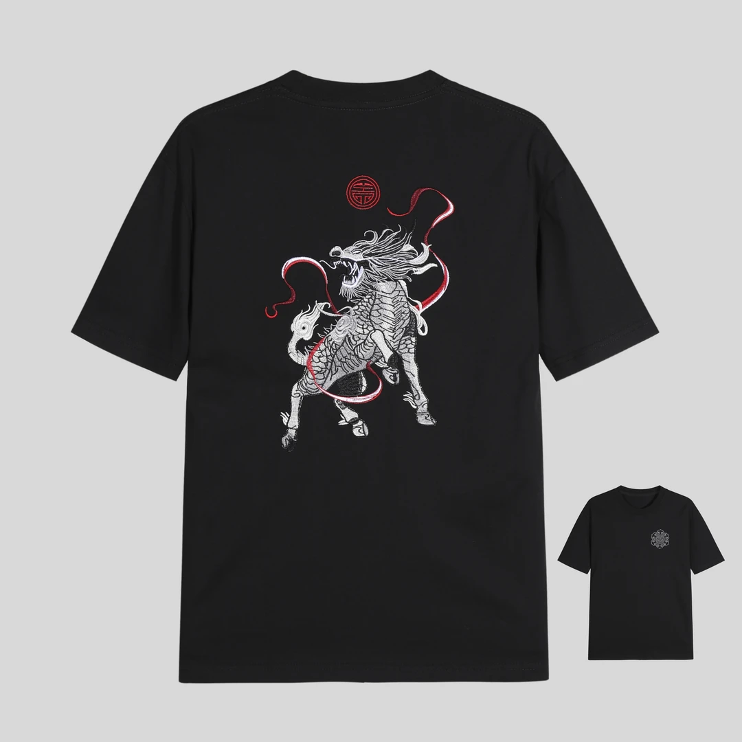 【花1】蛇年经典百搭短袖国风麒麟刺绣T恤 y204#