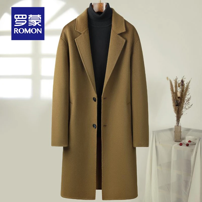 Romon/罗蒙新款手工羊毛大衣中长款秋冬双面呢大衣男韩版风衣外套
