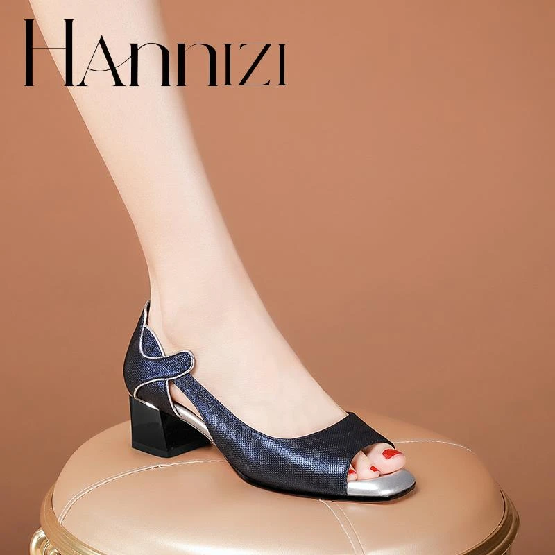 hannizi夏季鱼嘴凉鞋女中跟镂空方头粗跟蓝色单鞋女款大码女鞋