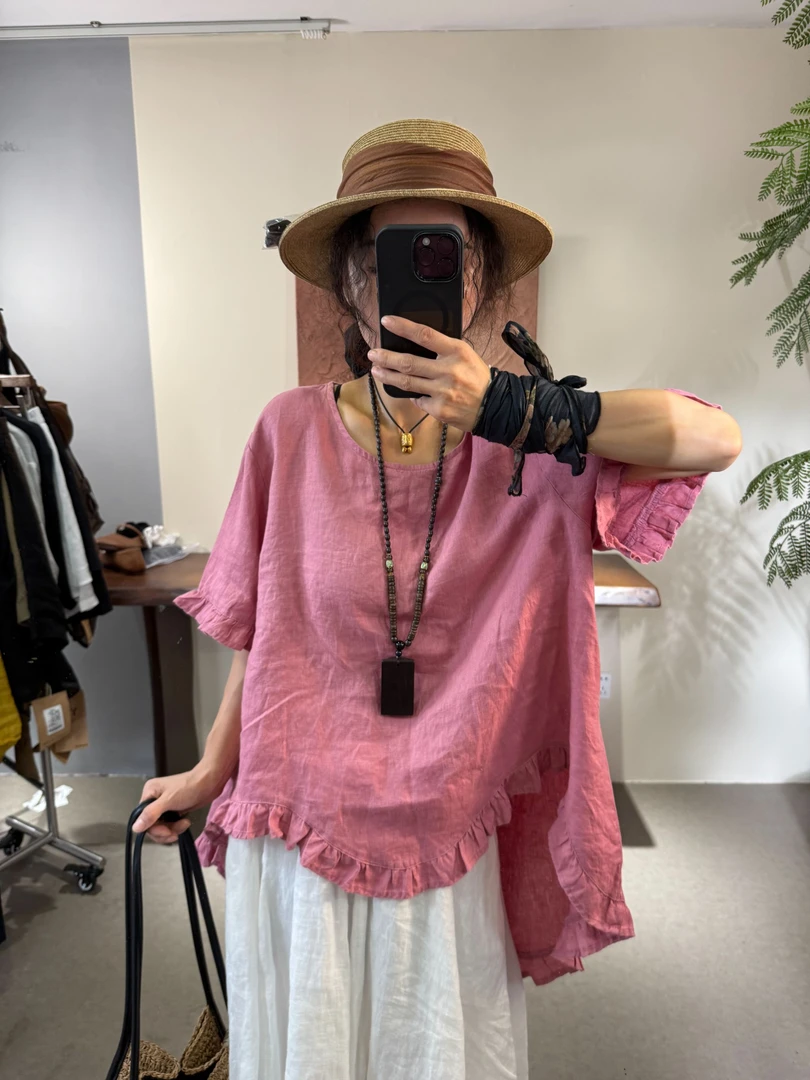 原创亚麻宽松前短后长不规则下摆套洋气上衣 1556#